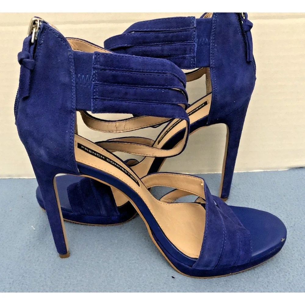 French‎ Connection Women's Blue Suede Slip-On Open Toe Zip Back Heels - Sz 9